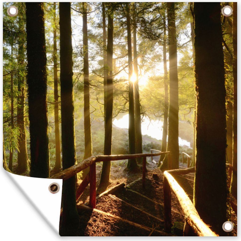 MuchoWow 50x50 cm Outdoor-Poster Gartendeko Sichtschutz Garten Poster für den Garten Azoren - Treppe - Wald