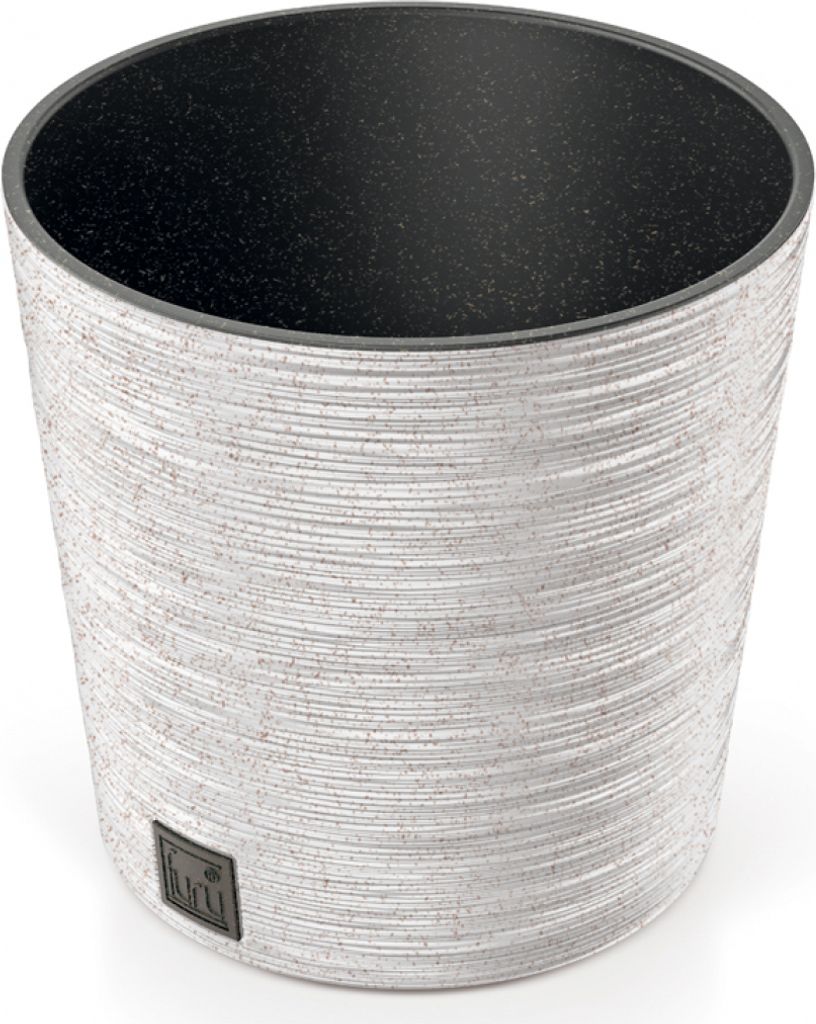 A white textured round planter pot with a black interior, shown against a white background.