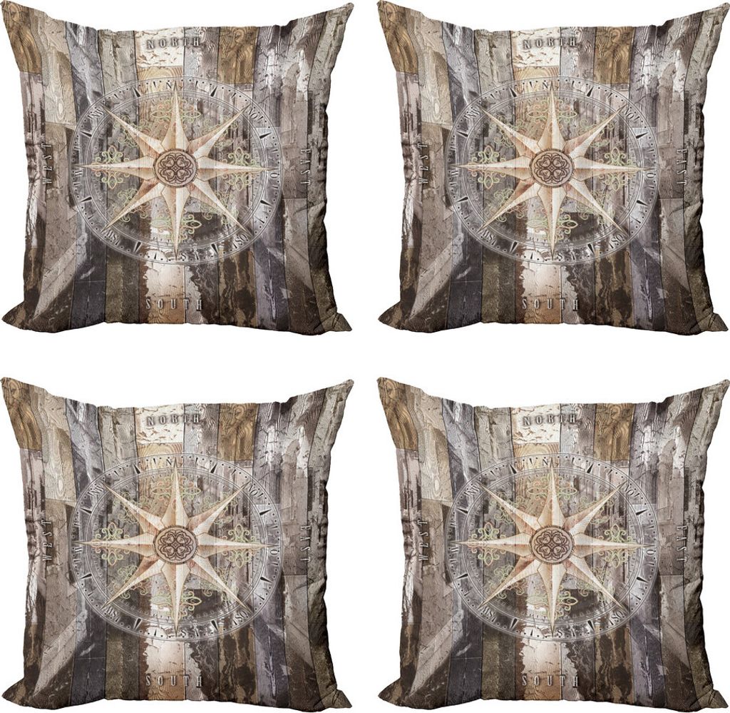 ABAKUHAUS marine Life Kissenbezug Set (4 Stück), Compass Marine Ozean, Moderner Doppelseitiger Digitaldruck, 50 cm x 50 cm, Braun
