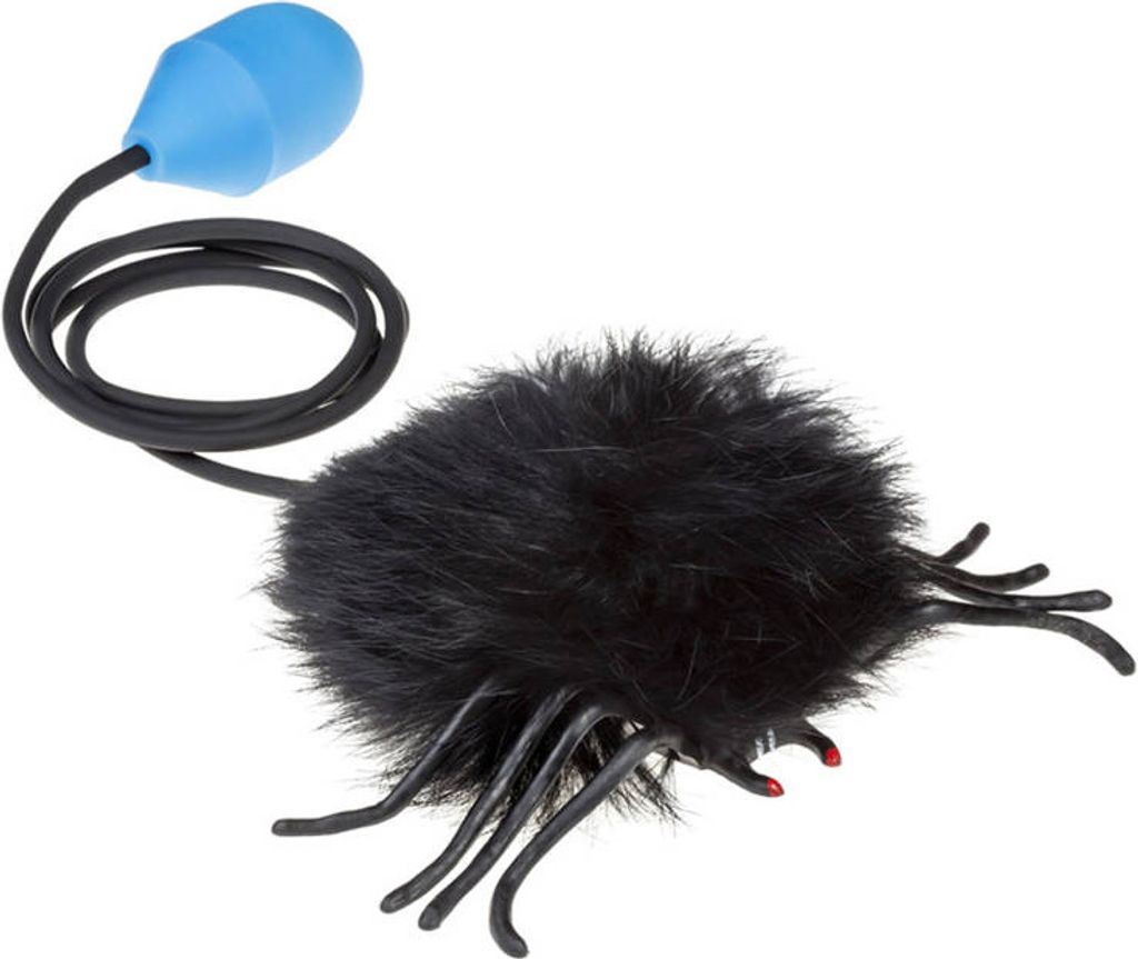 A black, fuzzy toy spider with a blue bulb and black cord on a white background.