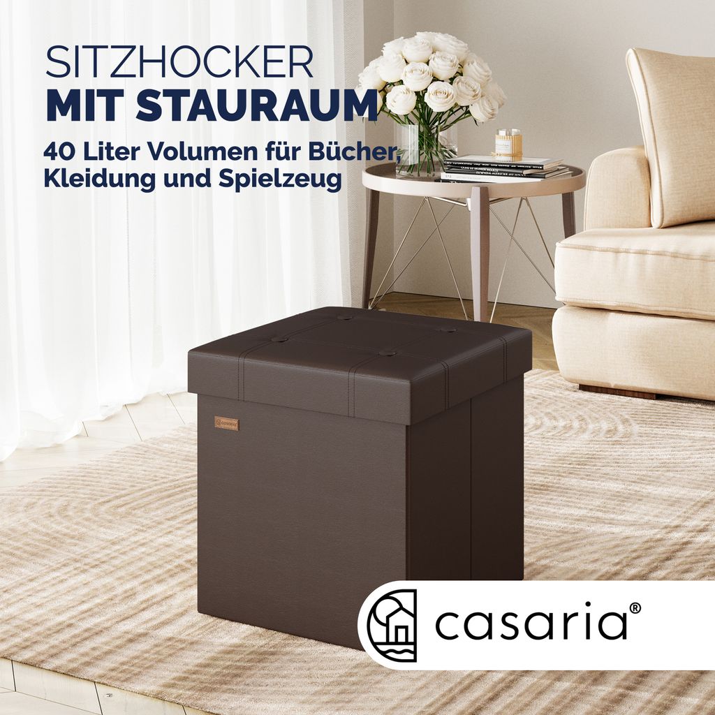 CASARIA® Hocker mit Stauraum Braun Faltbar Deckel Kunstleder Gepolstert  20x20cm Klein Schlafzimmer Wohnzimmer Flur Sitzhocker Fußhocker  Polsterhocker