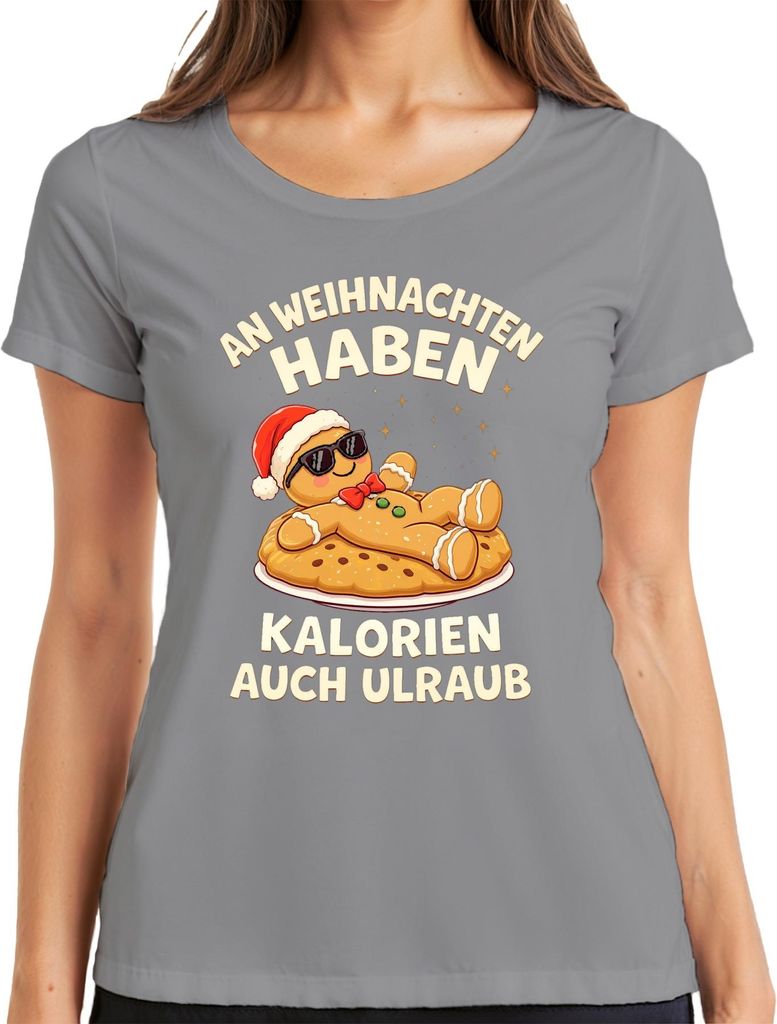 An Weihnachten haben Kalorien auch Urlaub Lebkuchenmann Geschenk Damen T-Shirt, Grau, XL