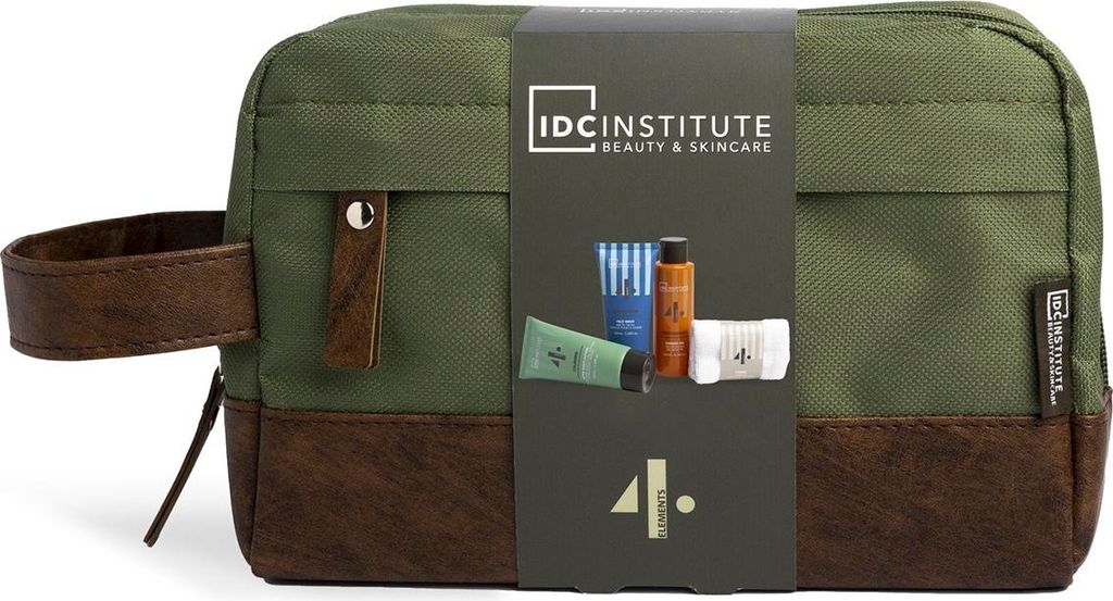 A toiletry bag with grooming products inside, presented in a studio setting.