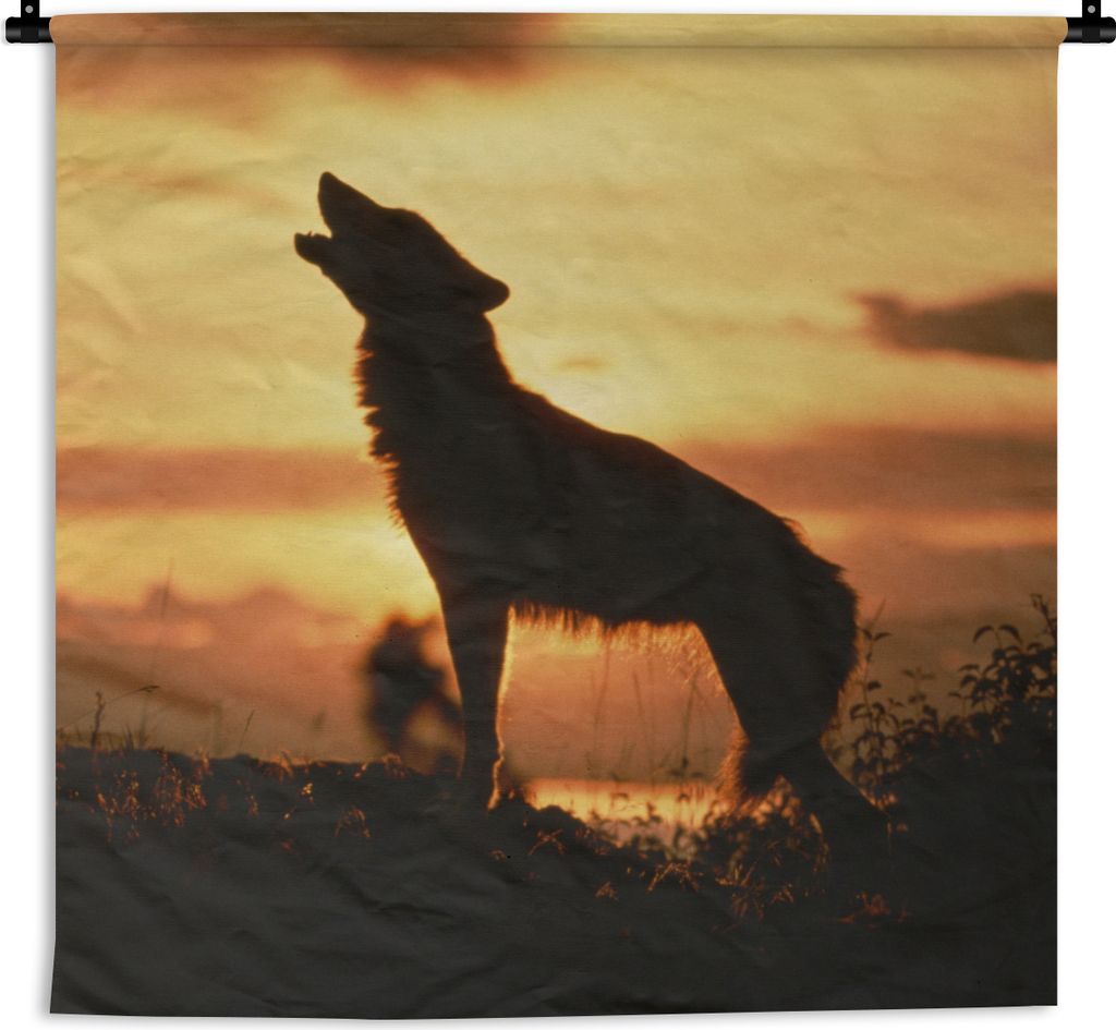 MuchoWow Wandteppich Wandbehang Wolf - Sonne - Scherenschnitt 60x60 cm Tapisserie Dekoration Wandtuch - Dekorationen - Wand Decke