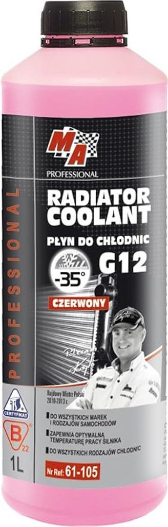 A bottle of pink radiator coolant with product information and a smiling man in a uniform.