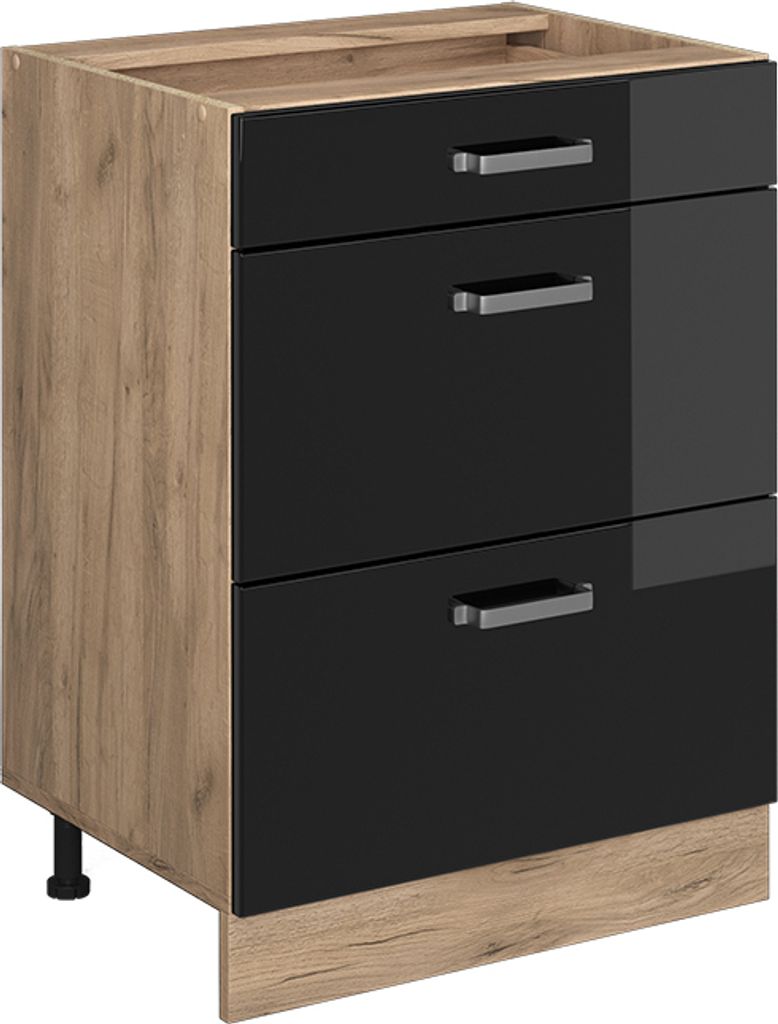 Küchenunterschrank Vicco R-Line Schwarz Hochglanz 60 cm mit Schubladen, ohne Arbeitsplatte, Model 41126