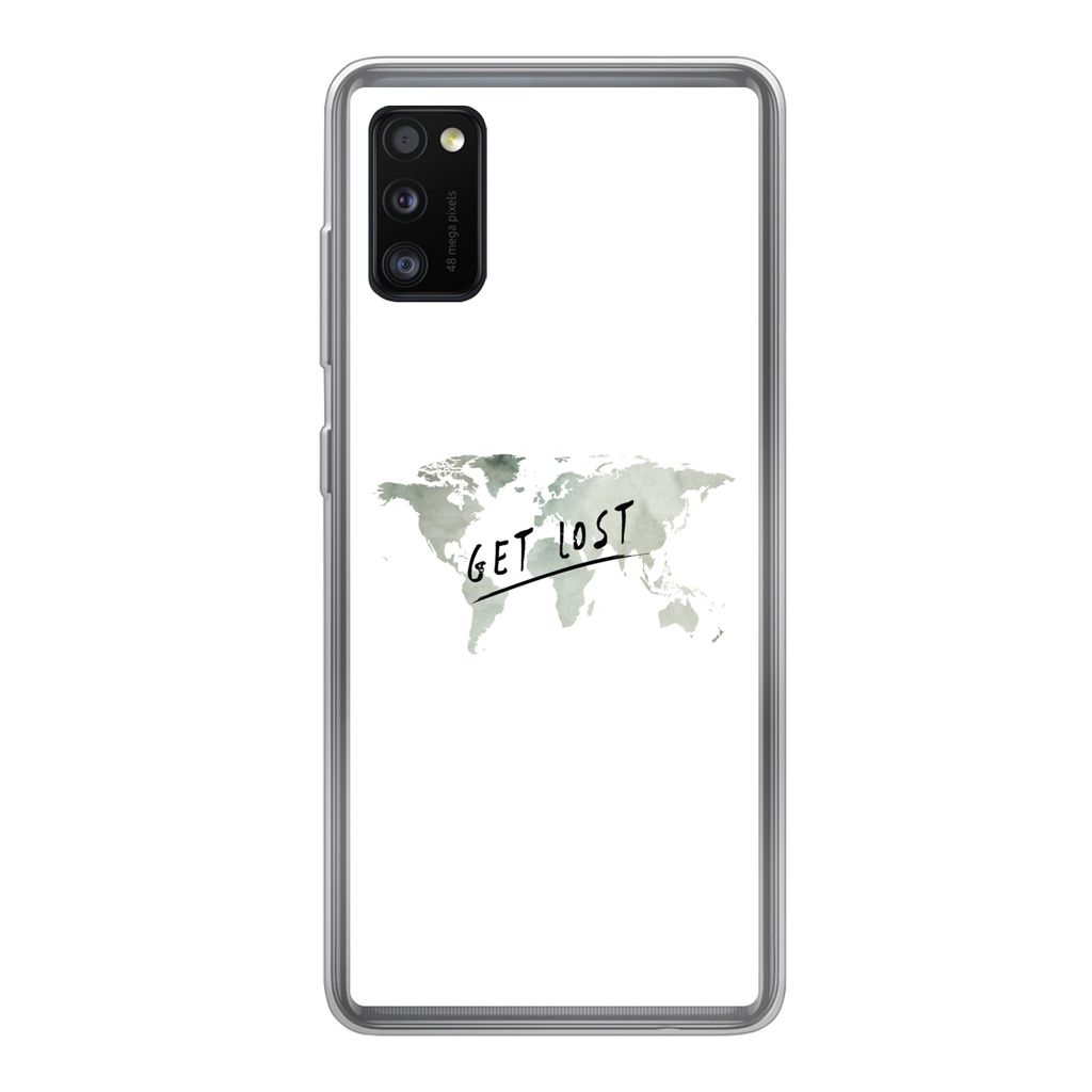 MuchoWow Handyhülle Schutzhülle Hülle für Samsung Galaxy A41 Weltkarte - Grau - Zitat Silikon Softcase Handy Hülle - Mobiltelefon