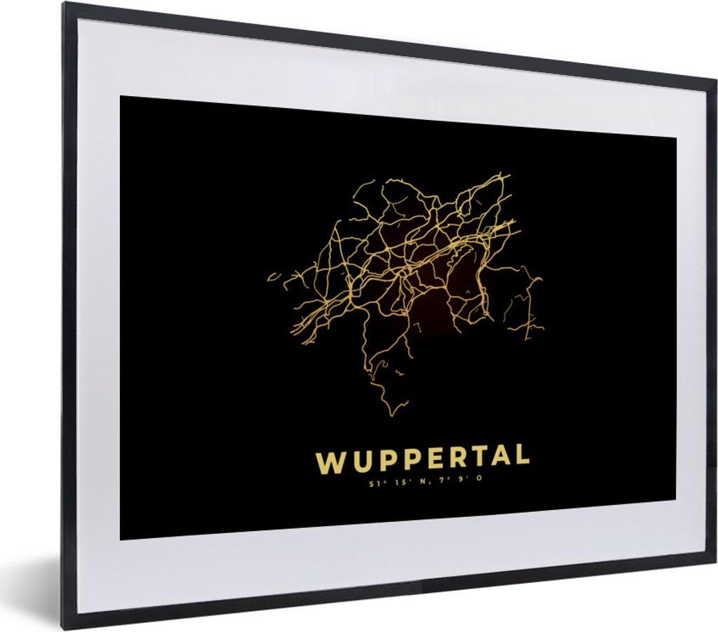MuchoWow Gerahmtes Poster Stadtplan - Karte - Gold - Wuppertal - Karte 40x30 cm - Poster mit Schwarzem Bilderrahmen Wandposter Rahmen Foto Bilder...