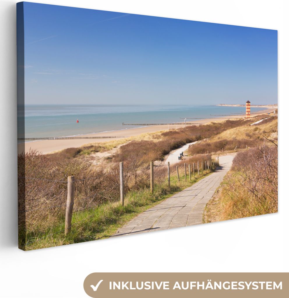 MuchoWow - Leinwandbilder - Strand - Meer - Leuchtturm - Niederlande, Wandbild, Wanddeko Bilder Wohnzimmer, 60x40 cm