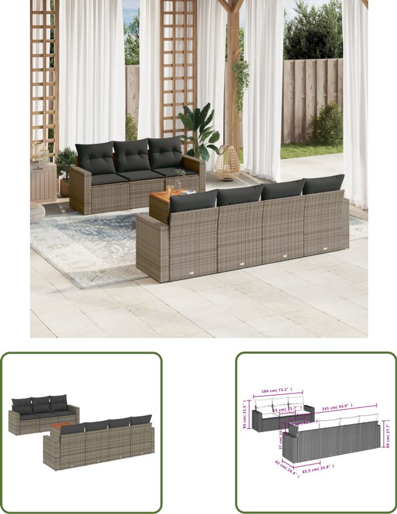 The Living Store 8-tlg. Garten-Sofagarnitur mit Kissen Grau Poly Rattan