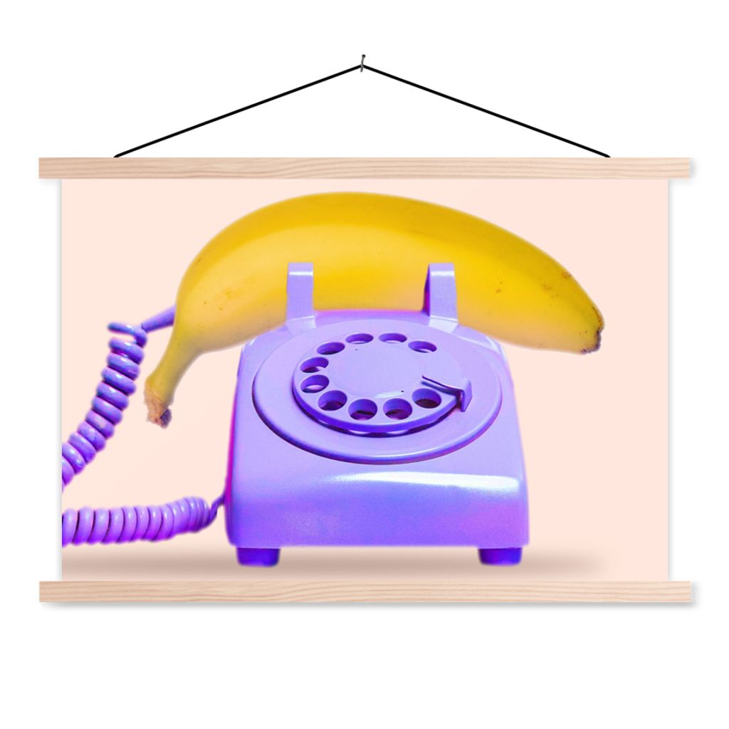 MuchoWow Textilposter Banane - Telefon - Lila - Gelb 60x40 cm mit holzfarbenen Rahmen - Bilder