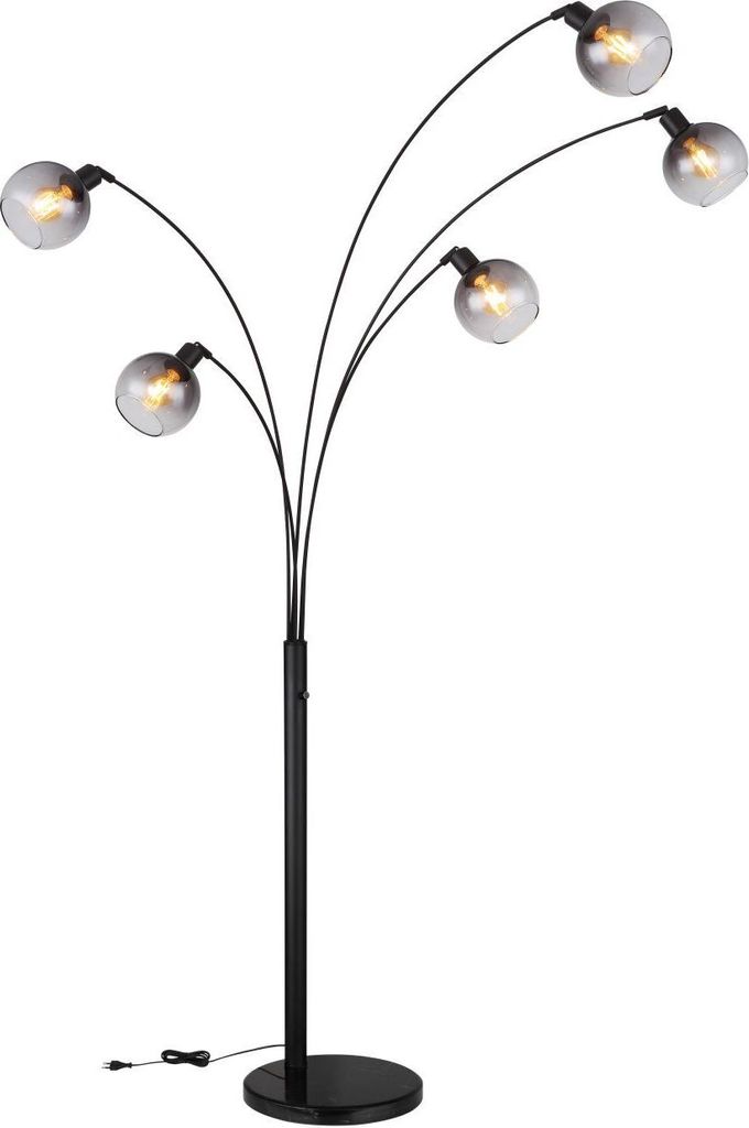 Globo Lighting Stehleuchte Metall schwarz matt, Marmor schwarz, Glas rauchfarben, Kabel PVC Schwarz, Drehschalter, LxBxH: 980x1100x2080mm, Kabellänge 1800mm, exkl. 5x E27 40W 230V