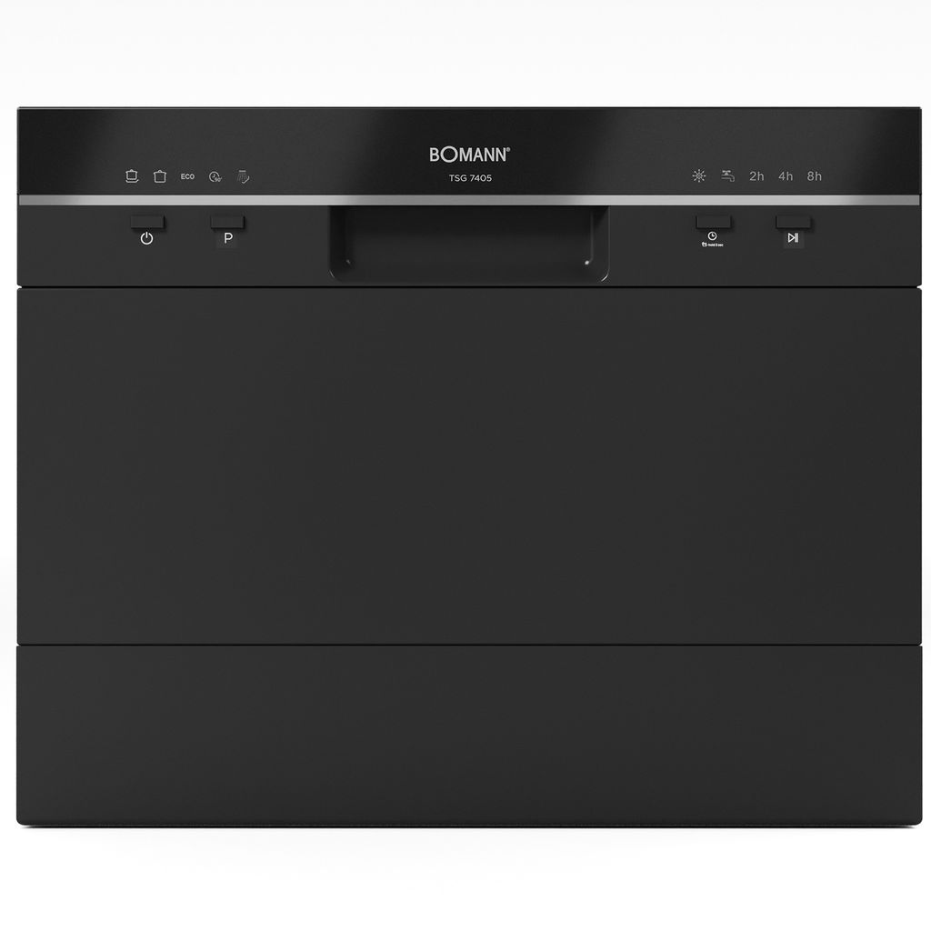 A front view of a black Bomann mini dishwasher.