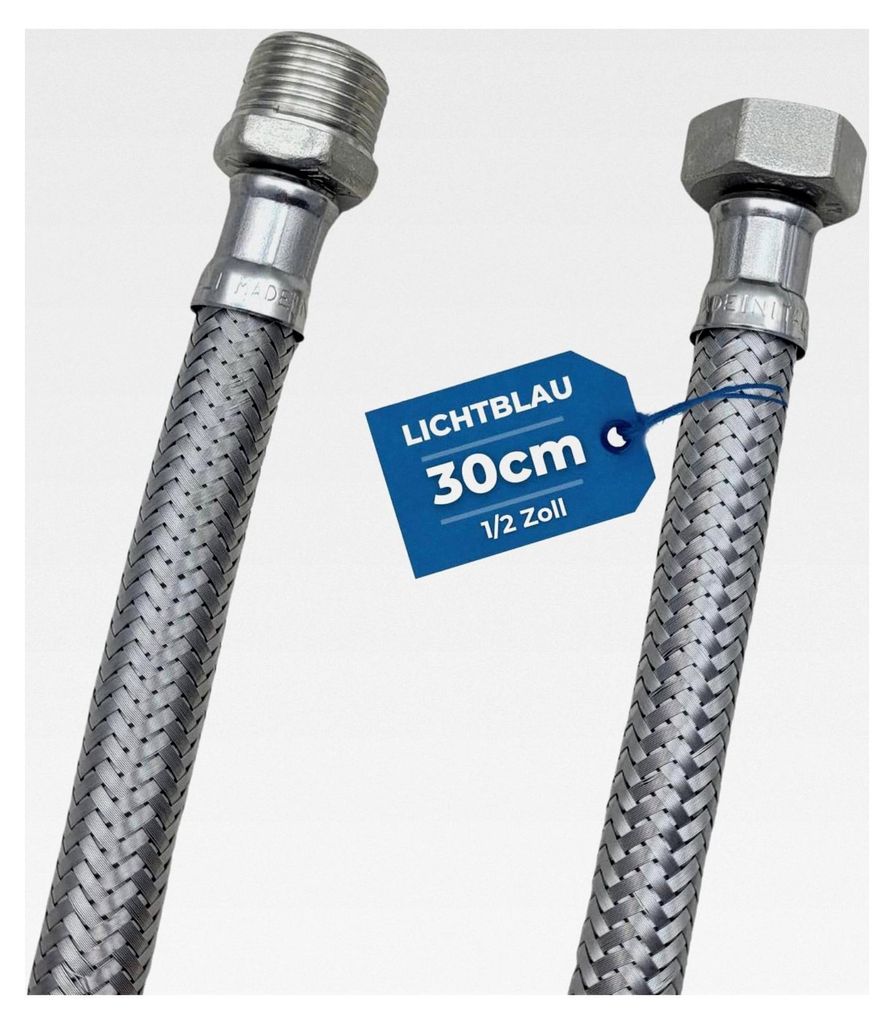 Knickfester Edelstahl Verlängerungsschlauch I 30 cm I 1/2 Zoll I geeignet für Trinkwasser Wasserhahn Eckventil Panzerschlauch Küchenarmatur Bad