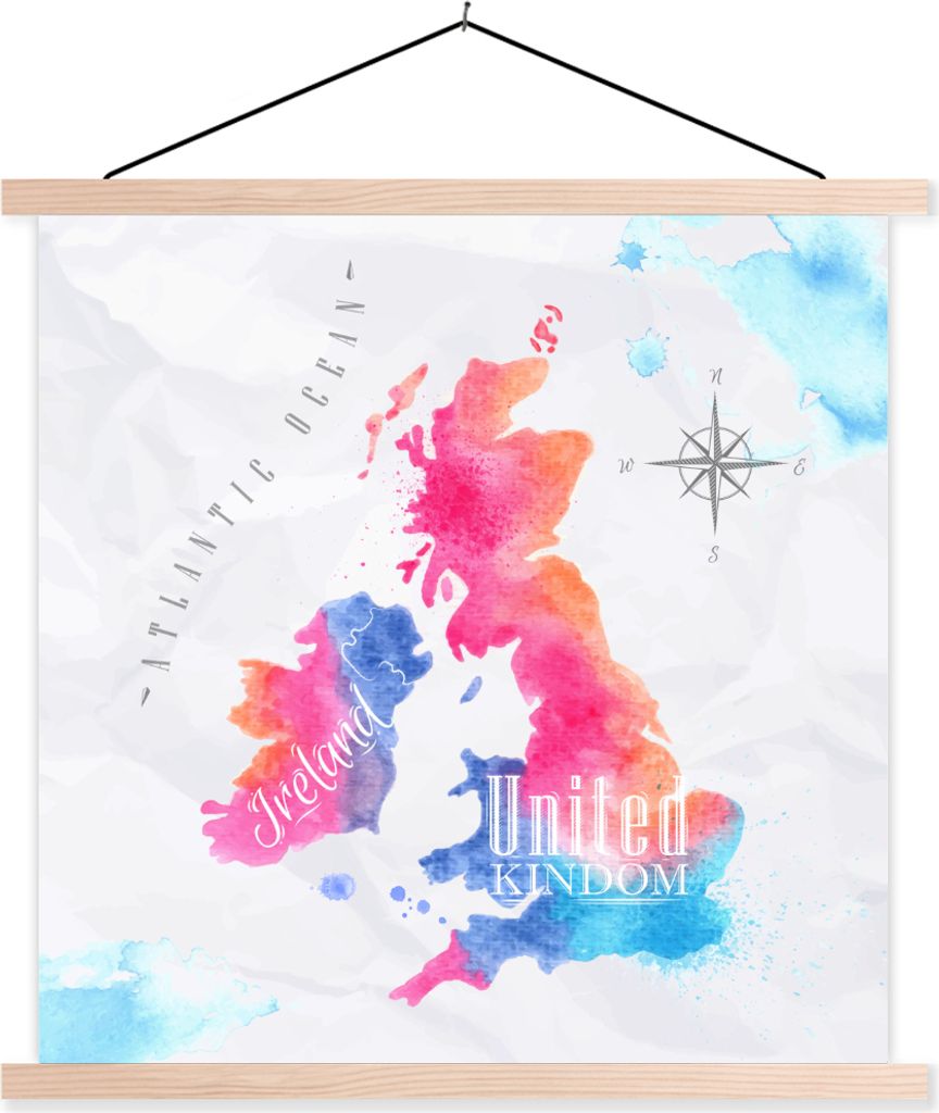 MuchoWow Textilposter England - Weltkarte - Farben 40x40 cm mit holzfarbenen Rahmen - Posterleiste