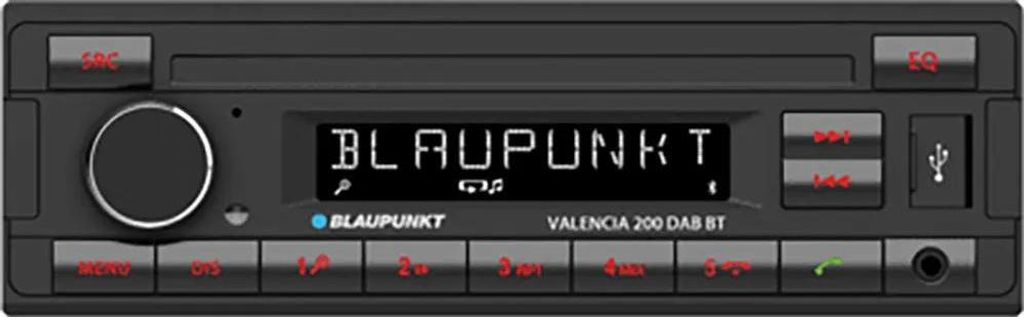A Blaupunkt car radio with a display screen and buttons.