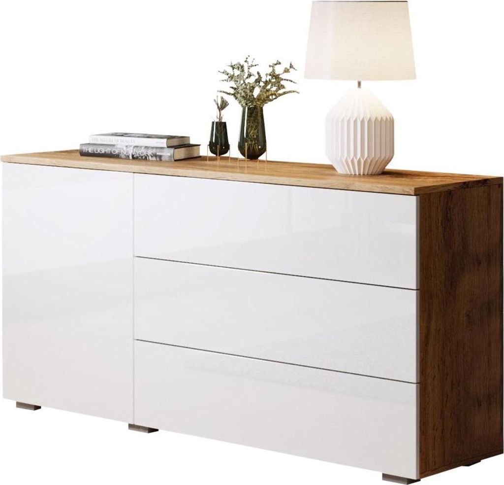 MIRJAN24 Kommode Awit 110 Highboard mit 3 Schubladen und Tür, Stilvoll Sideboard, Wohnzimmer Schrank (Farbe: Wotan / Weiß Hochglanz)