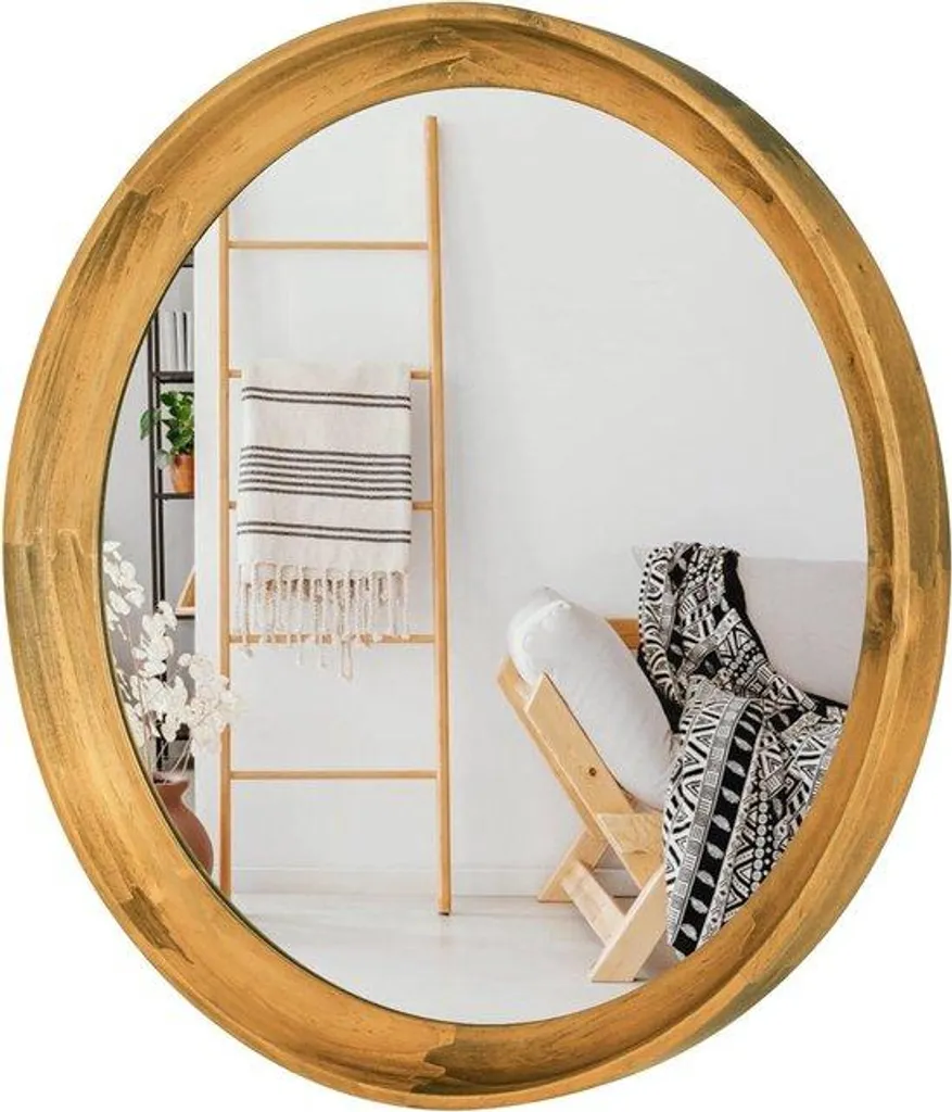 Miroir en bois véritable 35 cm marron - Cadre rond finition artisanale
