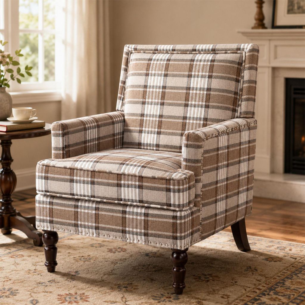KLAM HOME Loungesessel Retro-Sessel Braun-weiß Karomuster Produktbild 