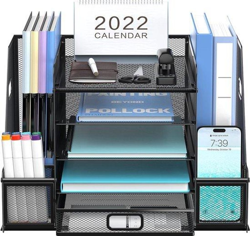 Büroständer mit Fächern, 5-fach Papierorganizer mit Schublade, Büromesh mit Zeitschriftenhalter für Büroorganisation - schwarz