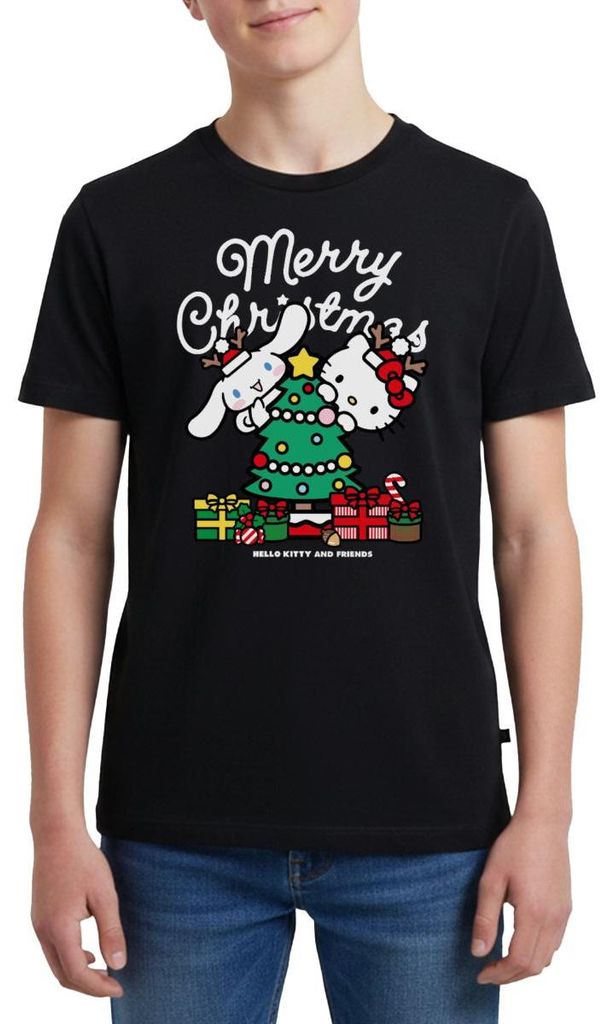 Spreadshirt Hello Kitty Und Cinnamoroll Weihnachten Teenager Premium T-Shirt, 146/152 (10 Jahre), Schwarz