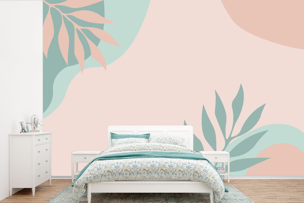 MuchoWow Fototapete für Wohnzimmer oder Schlafzimmer Wandtapete Vinyl Motivtapete Sommer - Blätter - Rosa - Türkis - 330x220 cm - Fototapeten