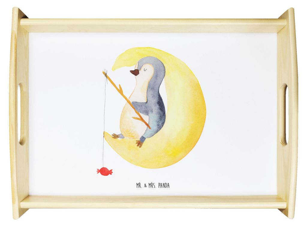Mr. & Mrs. Panda Tablett Pinguin Mond - Weiß - Geschenk, Dekotablett, Schlafzimmer, Süßigkeiten, Frühstückstablett, Servier, Spruch, Pinguine,...
