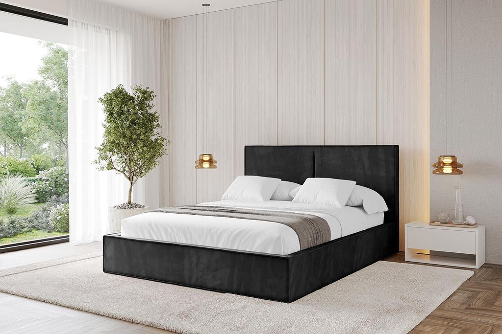 ALTDECOR Polsterbett mit Bettkasten - EMMI - 200x200 Schwarz Casablanca - Bett mit Matratze H3/H4, Kopfteil, Boxbett, Doppelbett mit Stauraum