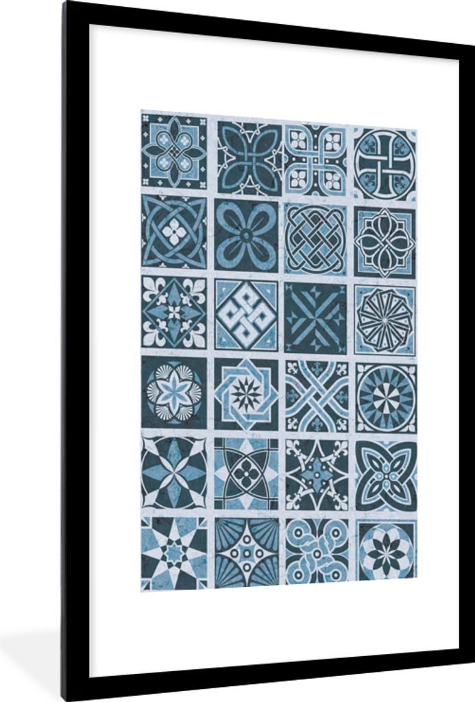 MuchoWow Gerahmtes Poster Blumen - Blau - Muster - Figuren 60x90 cm - Poster mit Schwarzem Bilderrahmen Wandposter Rahmen Foto Bilder - Dekoratio...