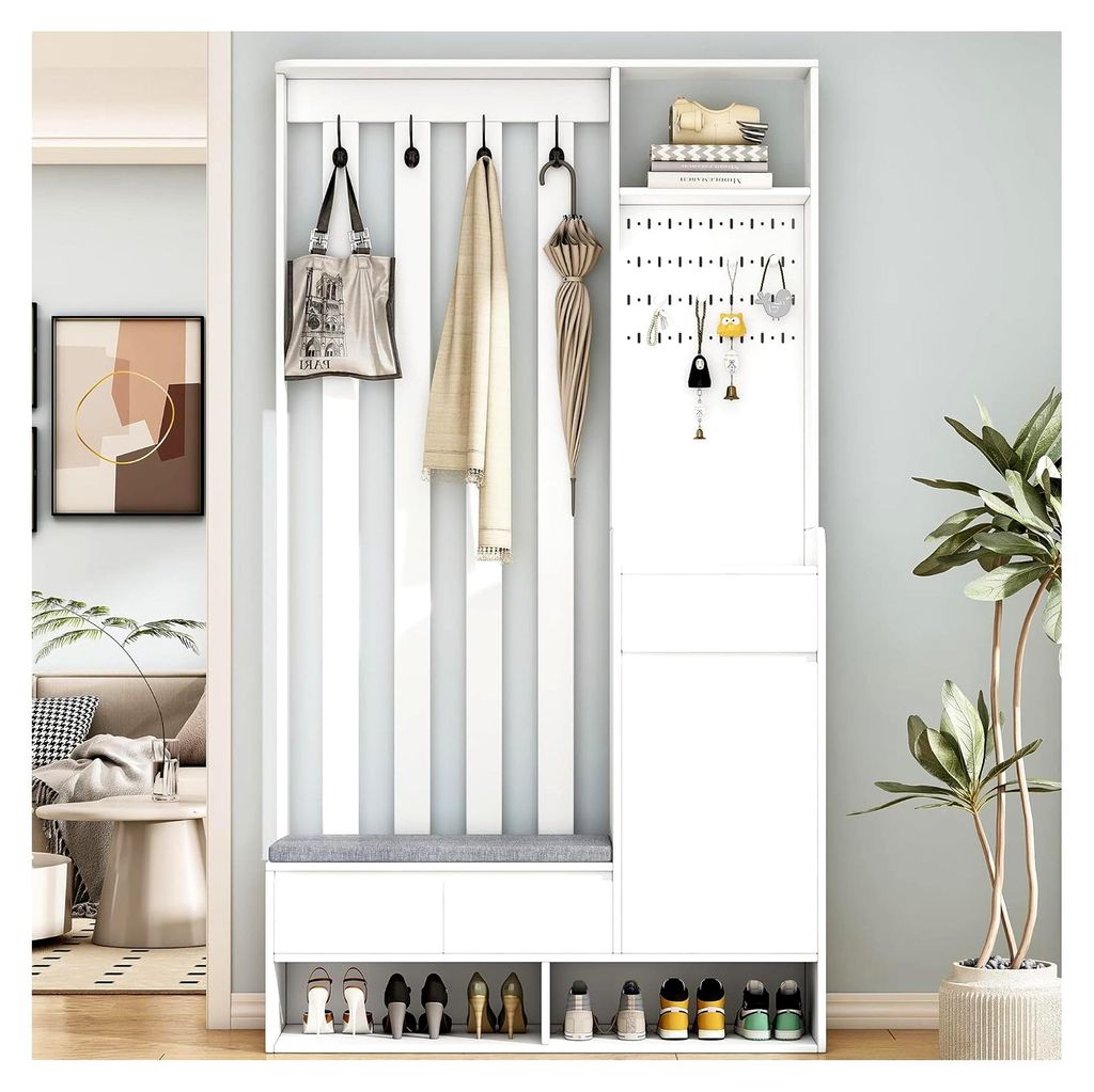 Flurgarderobe, Garderobenset mit Sitzbank, Multifunktionale Kompaktgarderobe mit Schuhbank, Stecktafel, 4 Haken, Wandgarderobe für den Eingangsber...