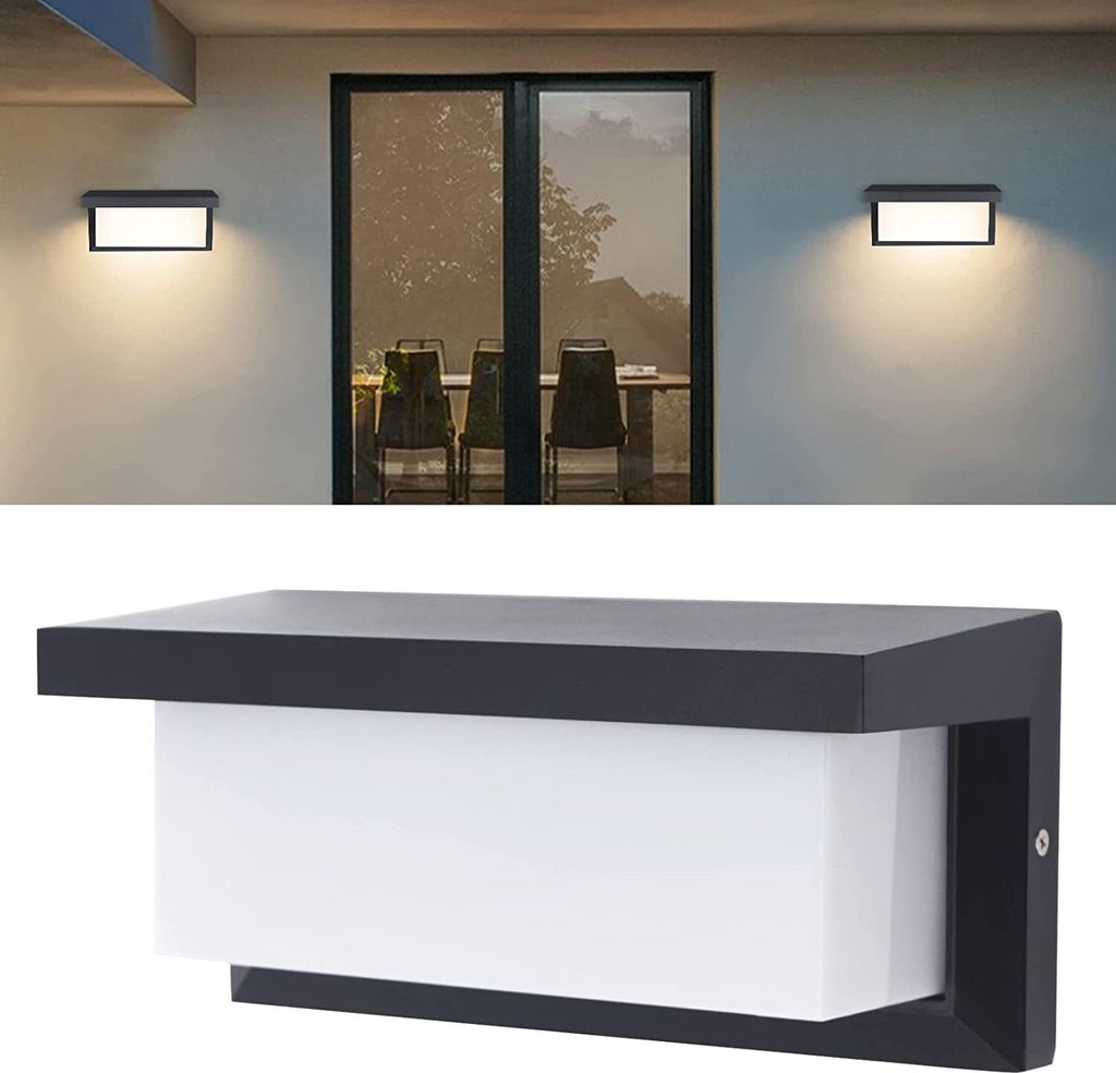 A collage showing an outdoor wall light fixture mounted on a wall and a close-up view of the fixture.