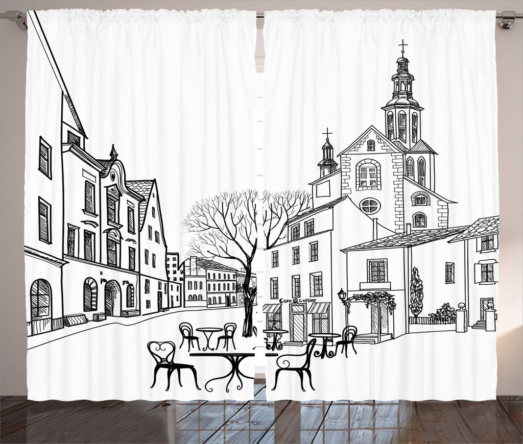 ABAKUHAUS Schwarz-Weiss Rustikaler Vorhang, Altstadt-Skizze, Wohnzimmer Universalband Gardinen mit Schlaufen und Haken, 280 x 245 cm, Weiß Schwarz