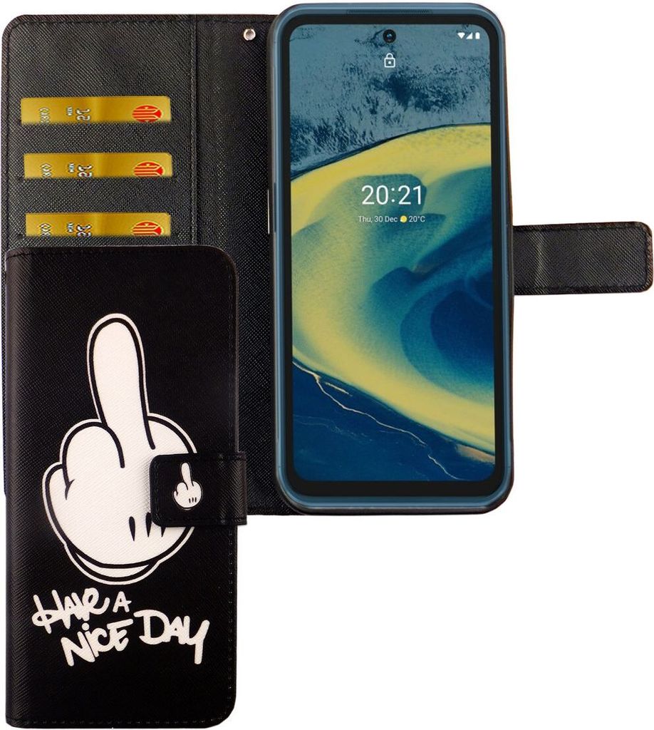 Nokia XR20 Tasche Handy Hülle Schutz-Cover Flip-Case mit Kartenfach, Farbe:Have A Nice Day Schwarz
