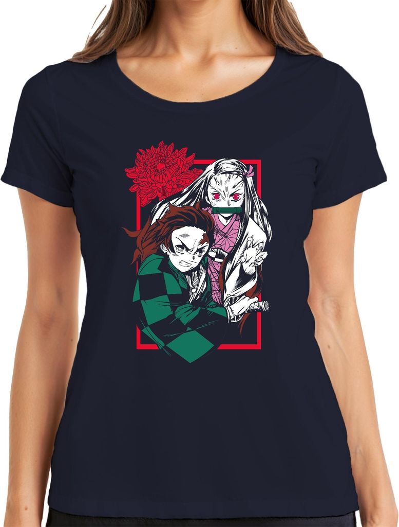 Kimetsu No Yaiba Tanjiro Nezuko Anime Dämonenjäger Katana Fan Damen T-Shirt, Navy, XXL