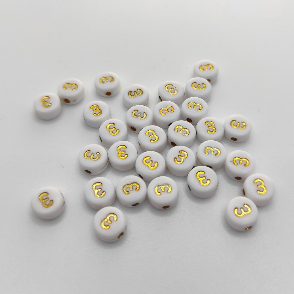 Buchstaben Perlen, 30 Stück, 4x7 mm, gold mit weiß, rund, Produktbild 
