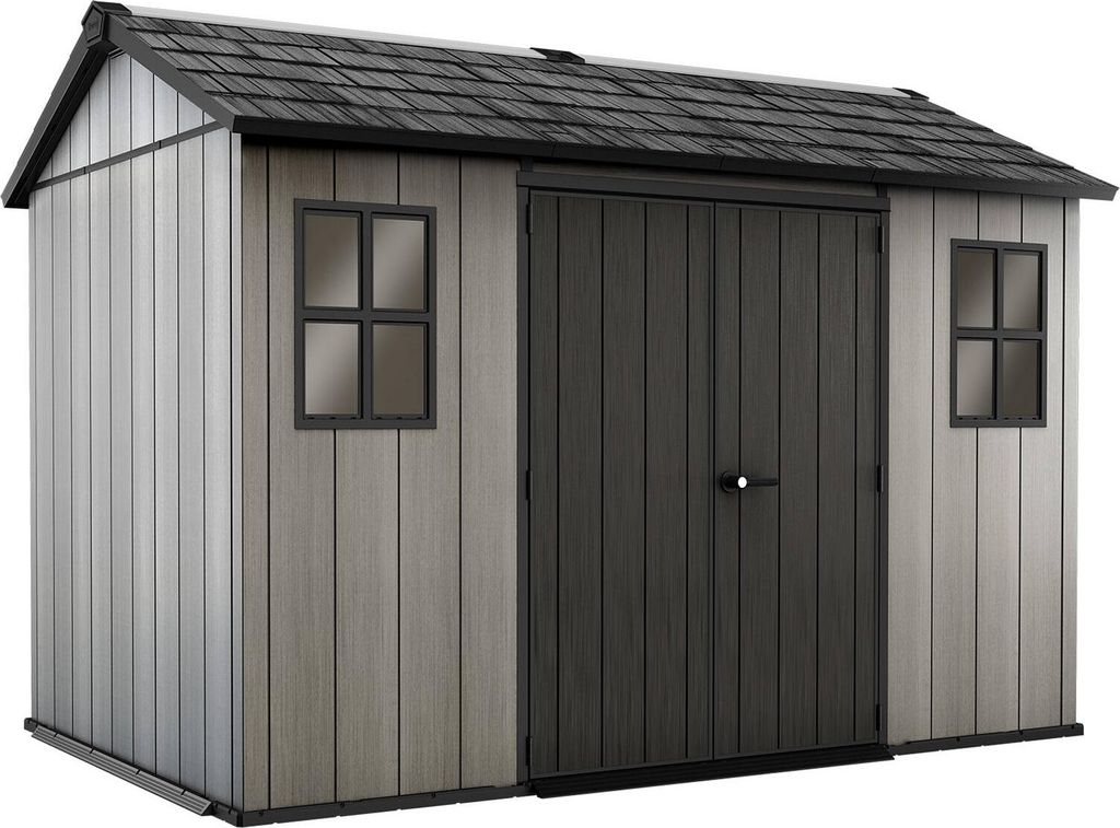 A gray and black garden shed with two windows and double doors, shown from the front.