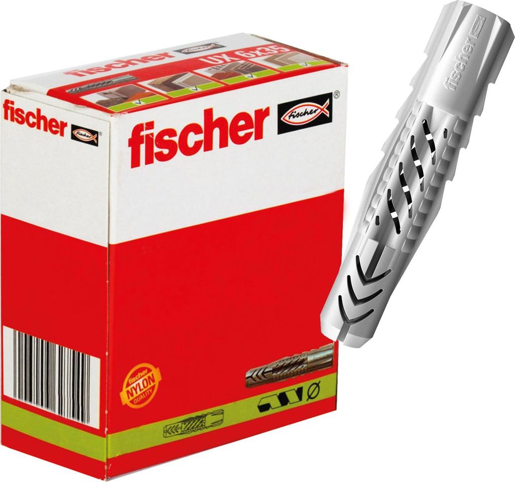 A box of fischer UX 12 x 70 universal wall plugs and one wall plug shown separately.