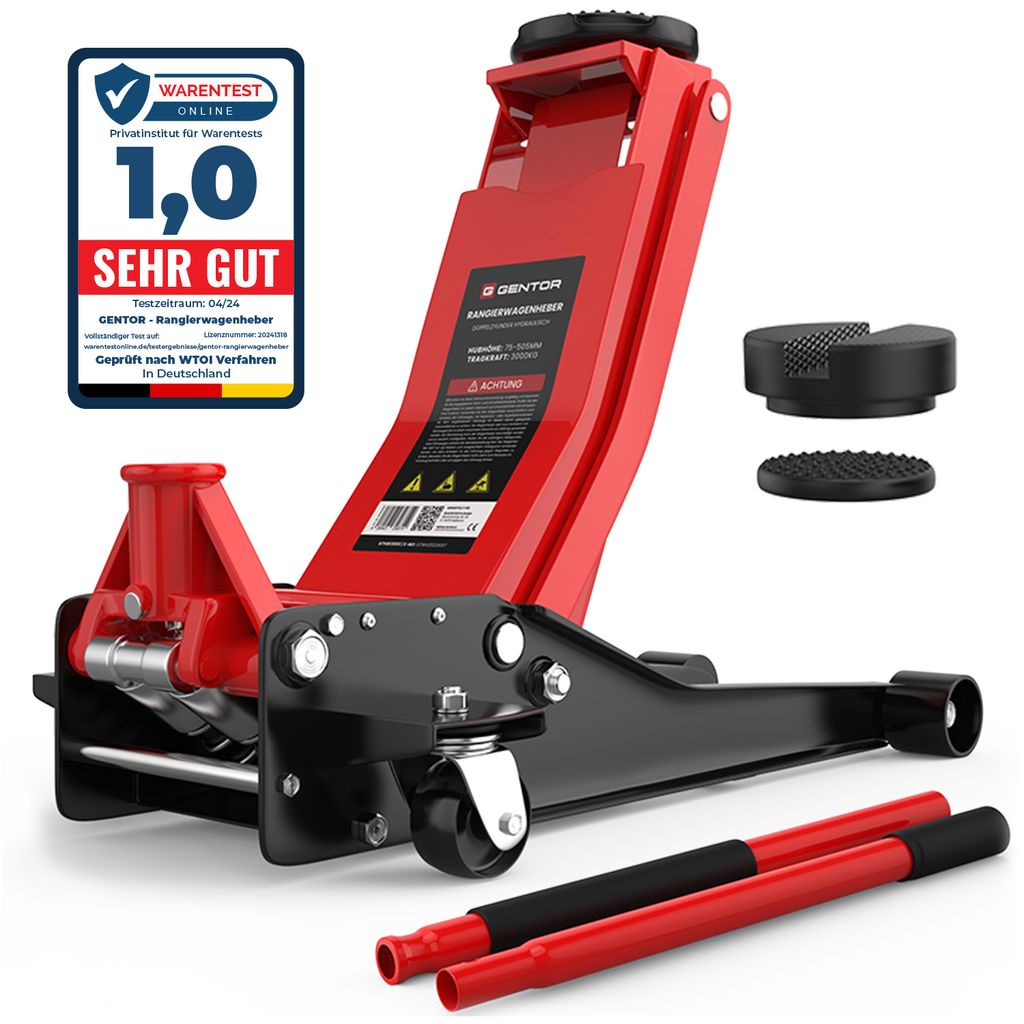 A red and black car jack with accessories on a white background.