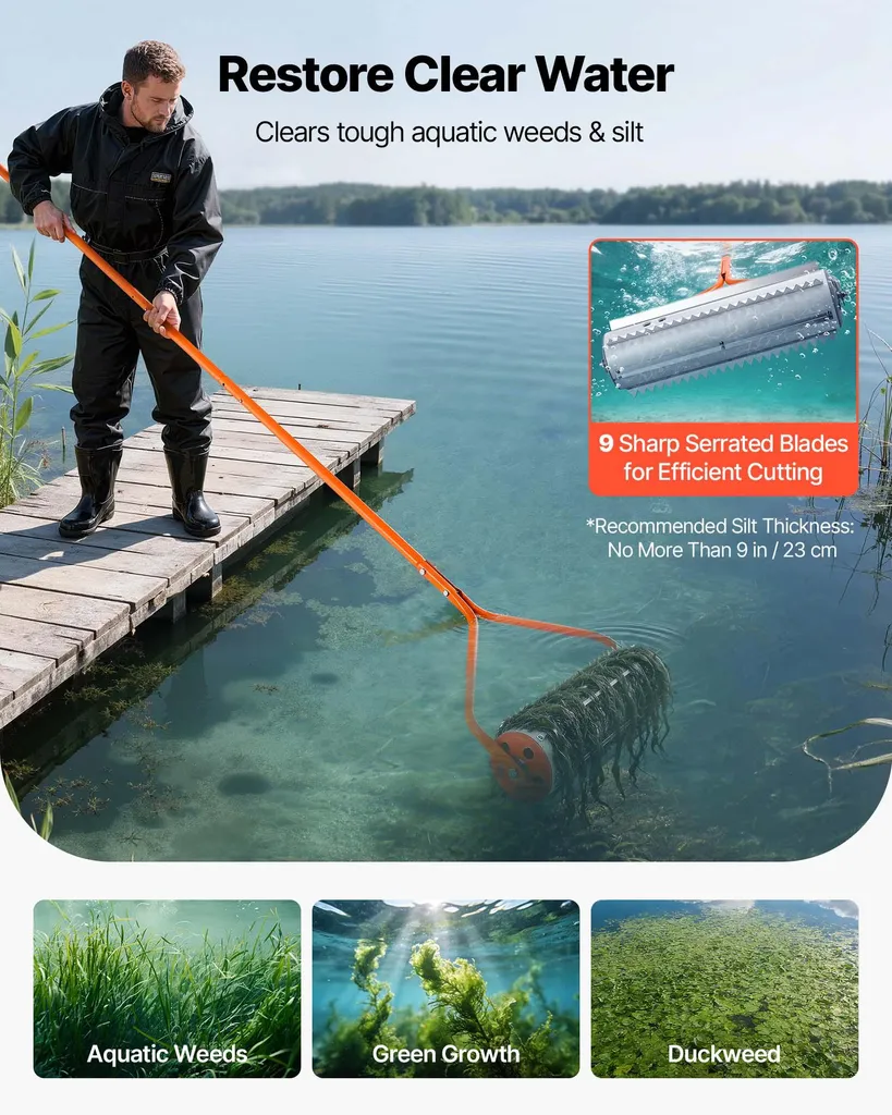 Nettoyage de berges et étangs : râteau VEVOR 6m contre les algues