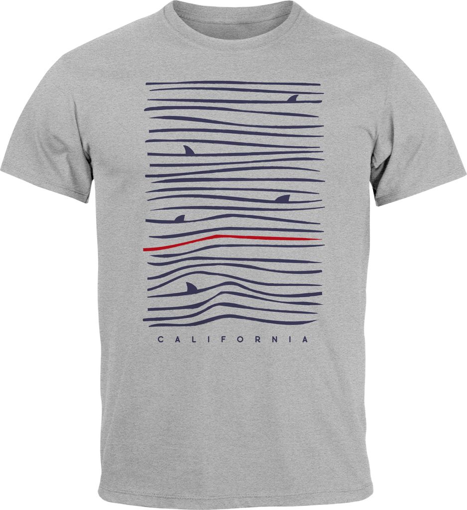 Herren T-Shirt Frontprint Minimalismus Wellen Meer Aufdruck Printshirt Sommer Fashion Streetstyle Neverless grau S