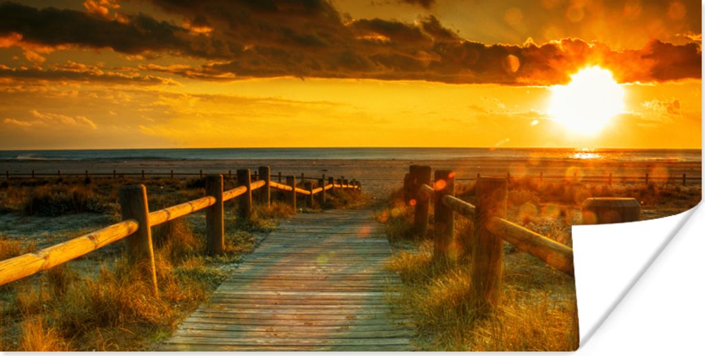 MuchoWow Poster Sonne - Strand - Düne - Horizont - Gras - Weg - Orange 120x60 cm - Bild