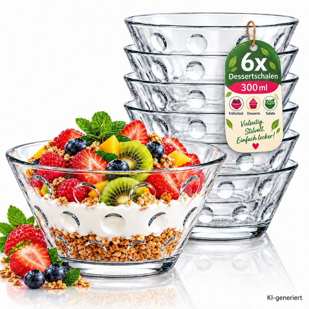 6x Dessertschalen Glas 300 ml – Stapelbare Glasschalen Set