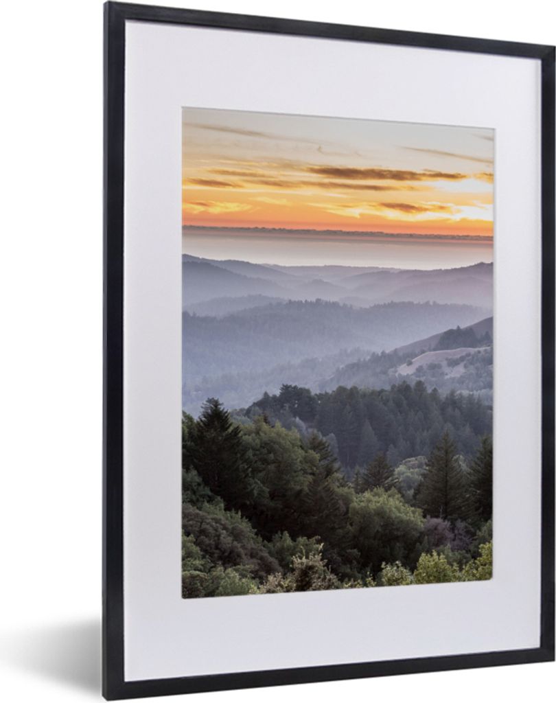 MuchoWow Gerahmtes Poster Berge - Sonne - Wald - Landschaft 30x40 cm - Poster mit Schwarzem Bilderrahmen Wandposter Rahmen Foto Bilder - Wandpost...