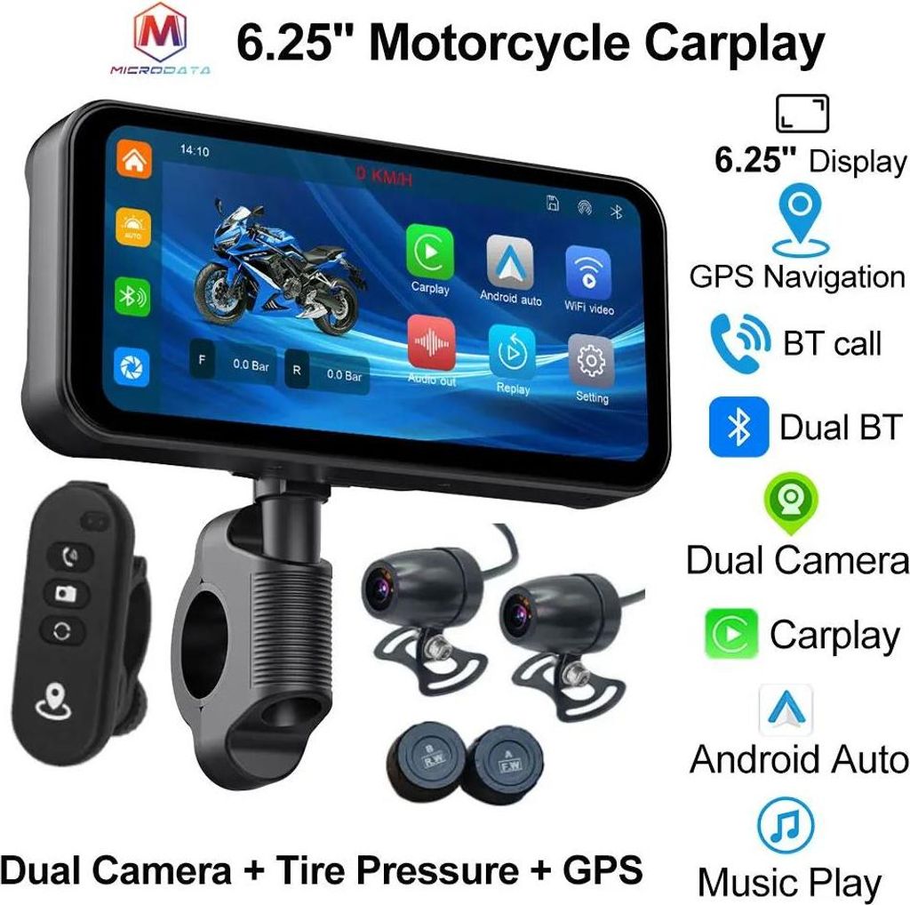 Motorrad CarPlay - 15,9 cm Touchscreen - Android Auto - GPS Navigation - TPMS Reifendruck - Kamera - Weiß