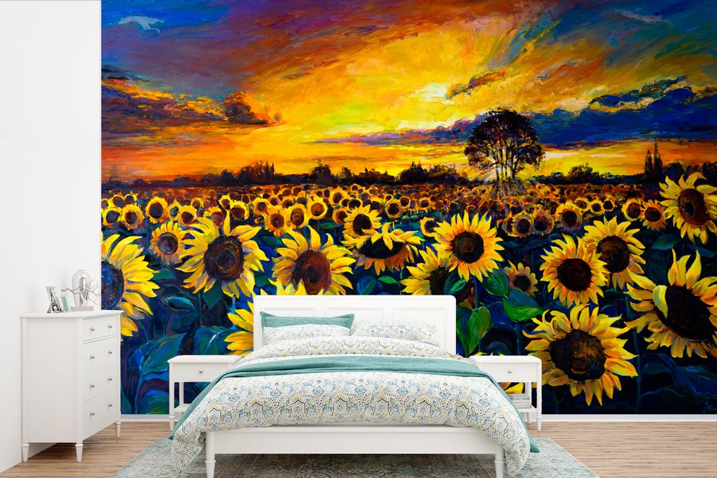 MuchoWow Fototapete für Wohnzimmer oder Schlafzimmer Wandtapete Vinyl Motivtapete Gemälde - Ölfarbe - Blumen - Sonnenblume - 525x350 cm - Das ...