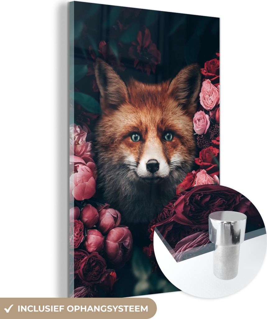 MuchoWow Glasbilder - Bilder auf Wandbild - Foto auf Glas Fuchs - Blumen - Tiere 80x120 cm Wanddekoration aus Glas - Acrylglasbild - Acrylbilder - ...