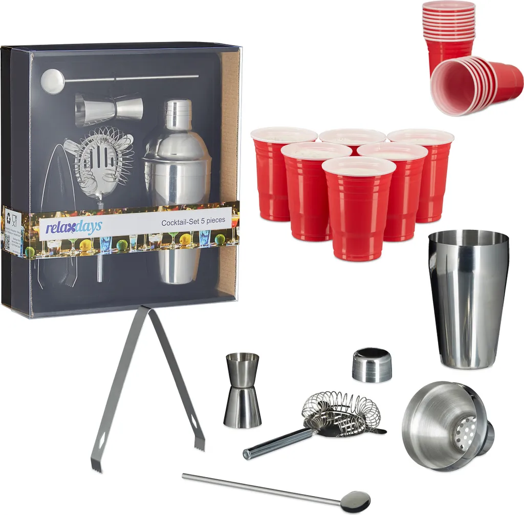 Kit cocktail 55 pièces Relaxdays en acier inox pour barman à domicile