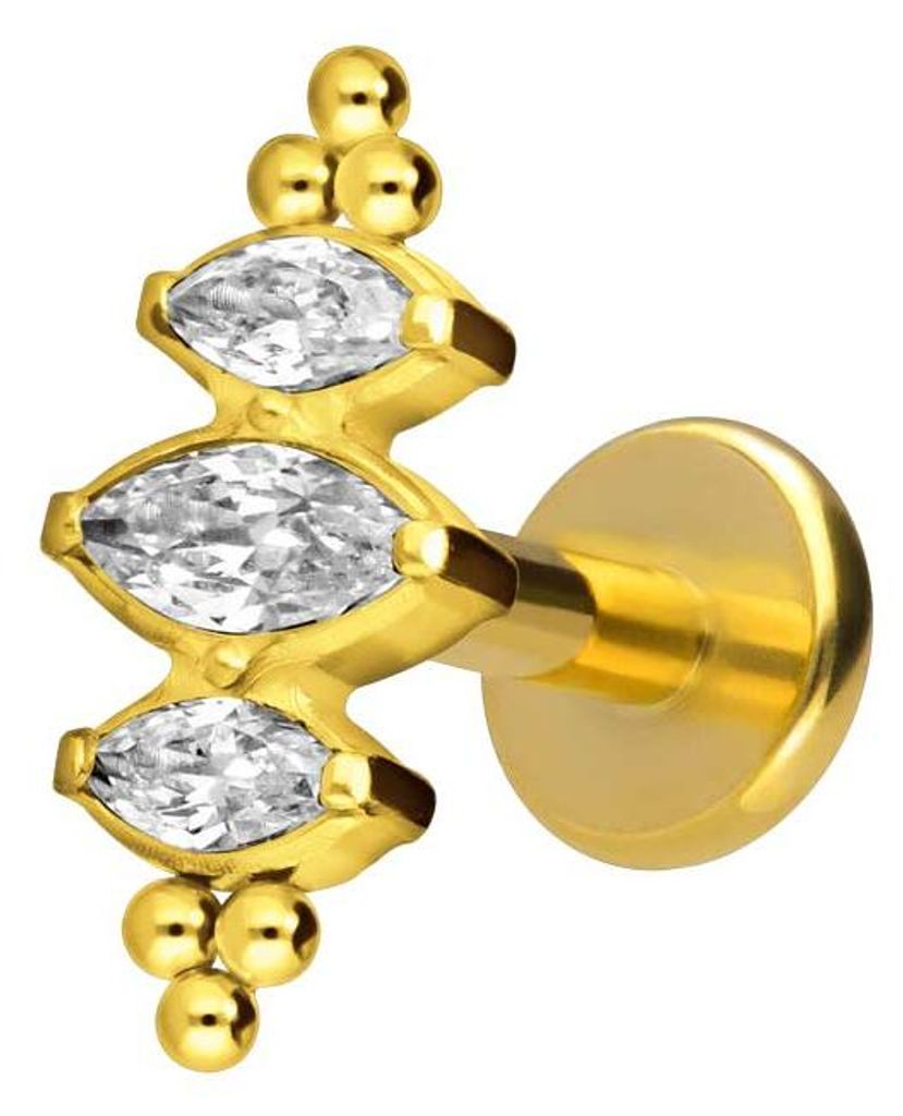Ohrpiercing, Nasenpiercing Titan Labret mit Innengewinde 3 KRISTALLTROPFEN + KUGELN Gold Stablänge: 8mm | Stabstärke: 1,6mm