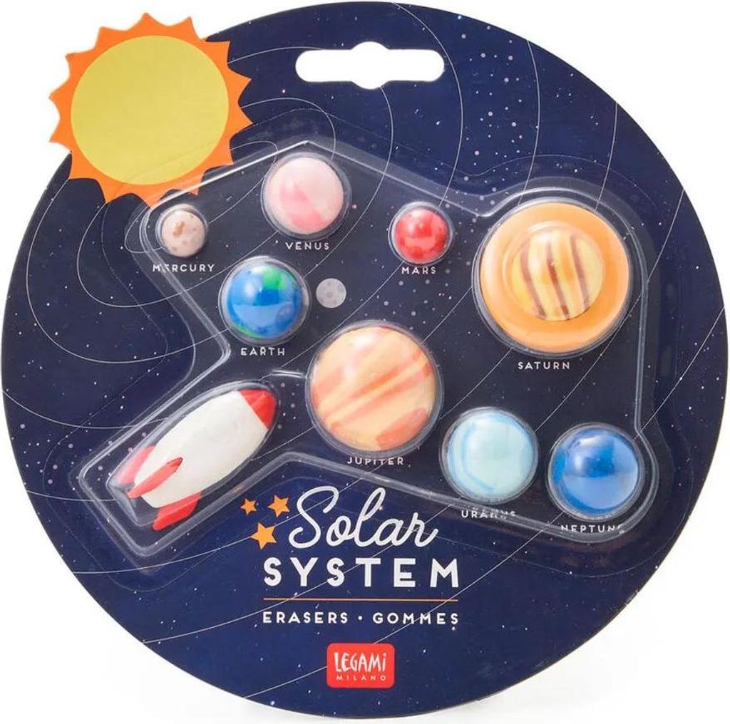 A set of solar system-themed erasers in their original packaging.