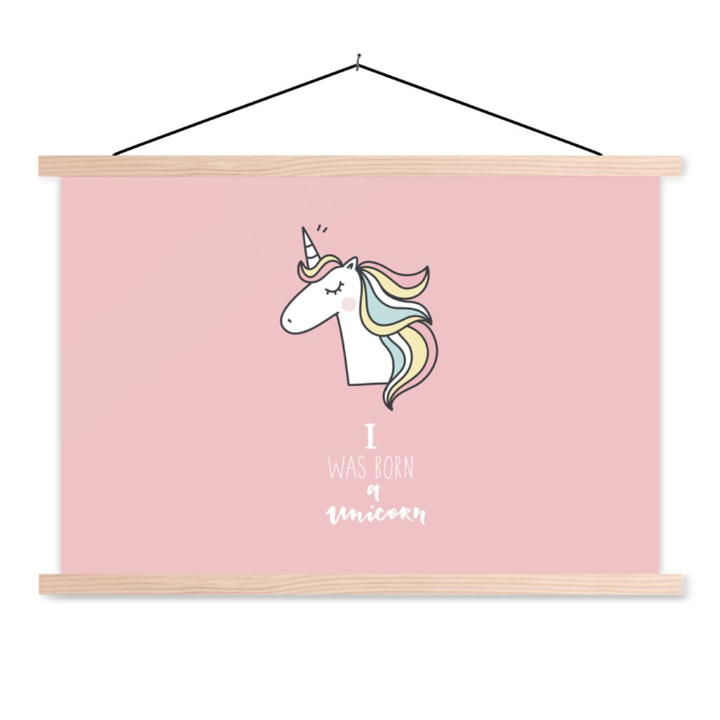 MuchoWow Textilposter Einhorn - Zitate - Rosa - Ich wurde als Einhorn geboren - Mädchen - Kind 120x80 cm mit holzfarbenen Rahmen - Aufhängeset
